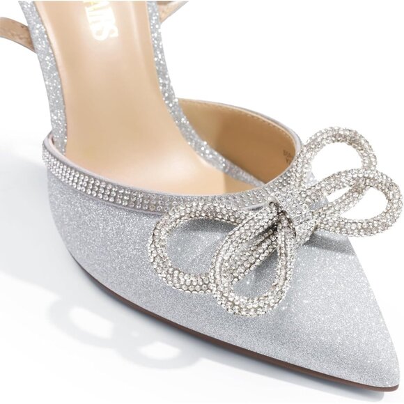 Dream Pairs Womens Silver Satin Double Bow Pointed Closed Toe Kitten Heels Pumps - Picture 5 of 8